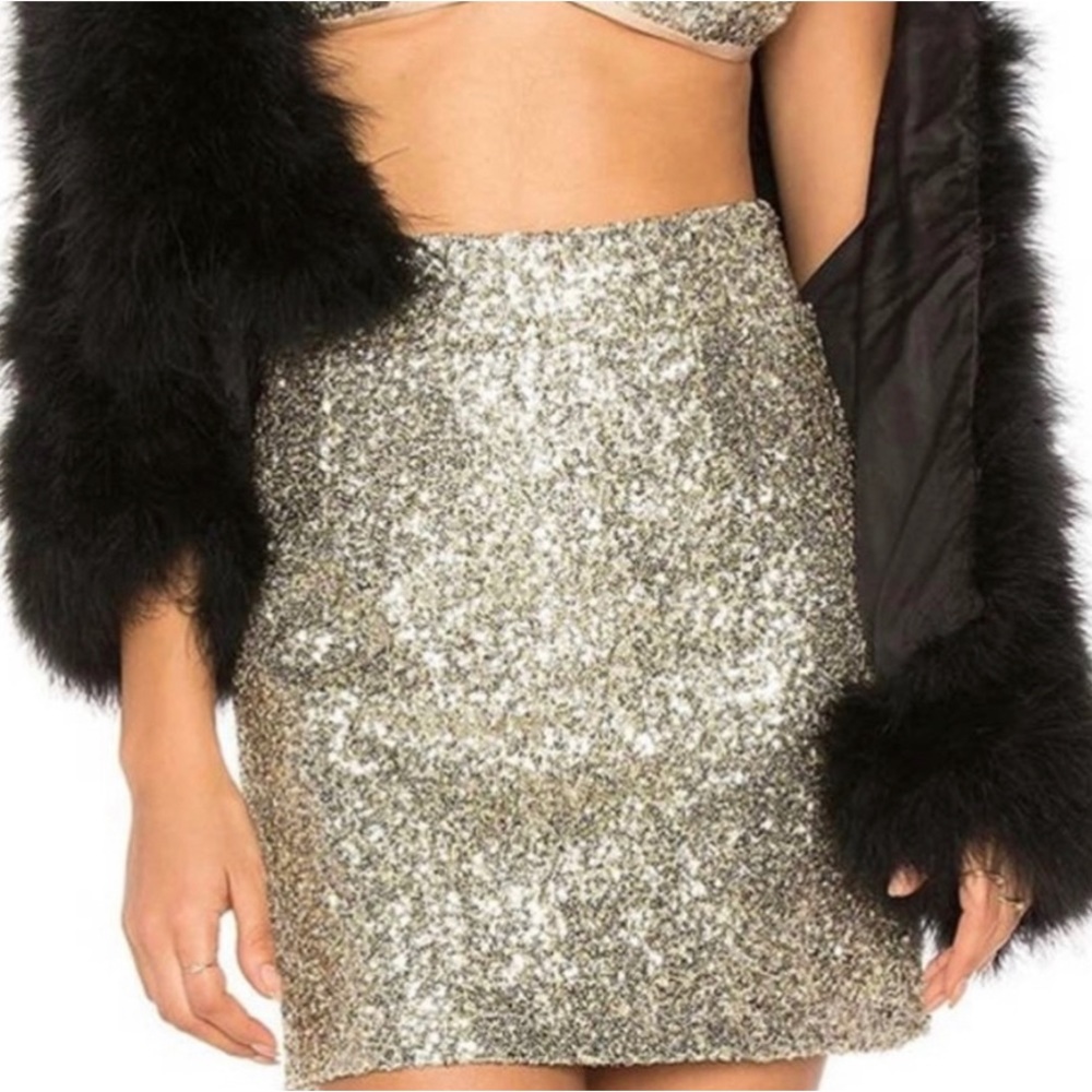 For Love & Lemons high waisted sequin Metallic gold champagne mini skirt $595 L